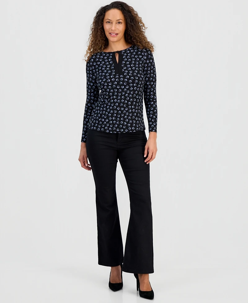 Jones New York Petite Long-Sleeve Printed Keyhole Top