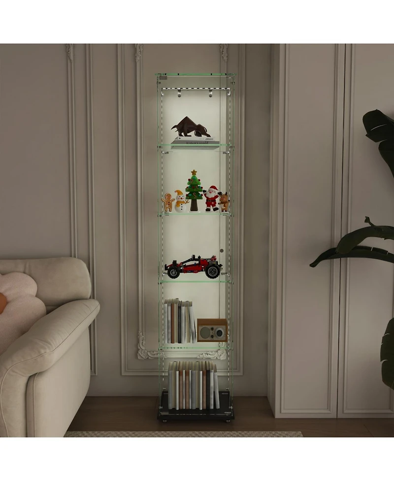 Streamdale Furniture Premium 5-Tier Glass Display Case with 5 Led Modes, Single Door Bookshelf