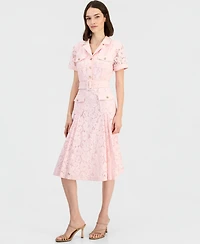 Tahari Asl Women's Belted Short-Sleeve Lace Midi Shirt Dress