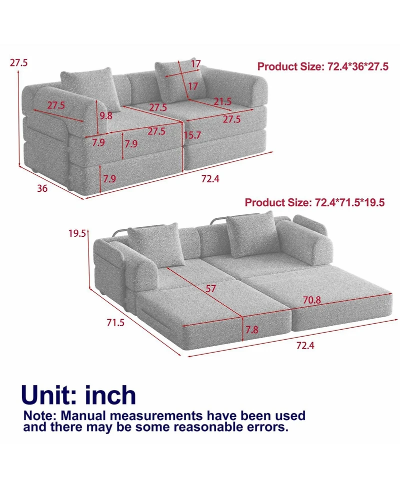 Streamdale Furniture 72.4" Convertible Sofa Bed with Storage Pockets and Cushions