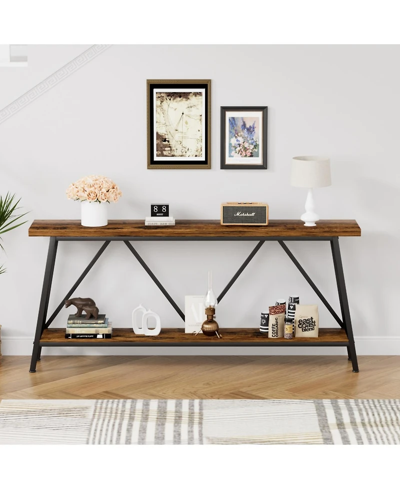 Streamdale 70.9" Extra Long Sofa Table with 2-Tier Storage Shelves, Rustic Brown/Black