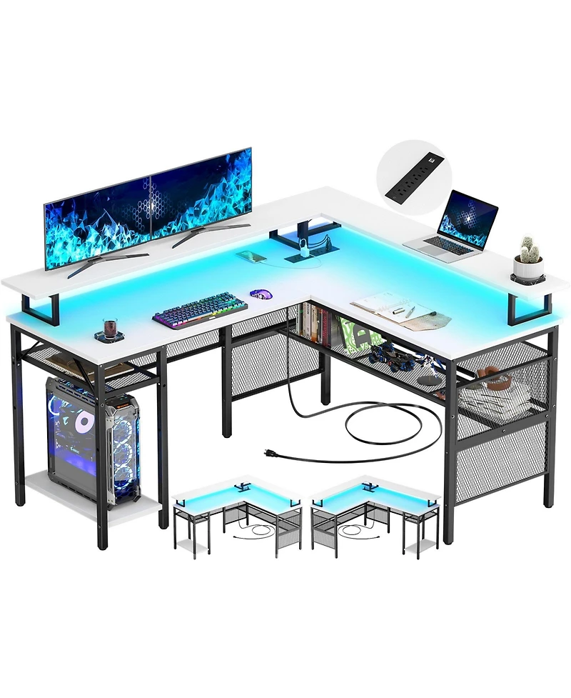 Aheaplus L Shaped Computer Desk with Power Outlets, 55 Inch Corner Desk with Led Lights, Monitor Stand and Shelves, Reversible