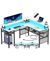 Aheaplus L Shaped Computer Desk with Power Outlets, 55 Inch Corner Desk with Led Lights, Monitor Stand and Shelves, Reversible