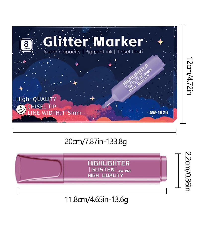 Htutwoo 8Pcs Metallic Glitter Highlighters Set with Chisel Tips for Note, Journaling, Graffiti Pen and Diy Journal