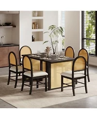 Streamdale Furniture 7 Piece Farmhouse Dining Set For 6 59.8 X22 Distressed Oak Table 6 Rattan Chairs