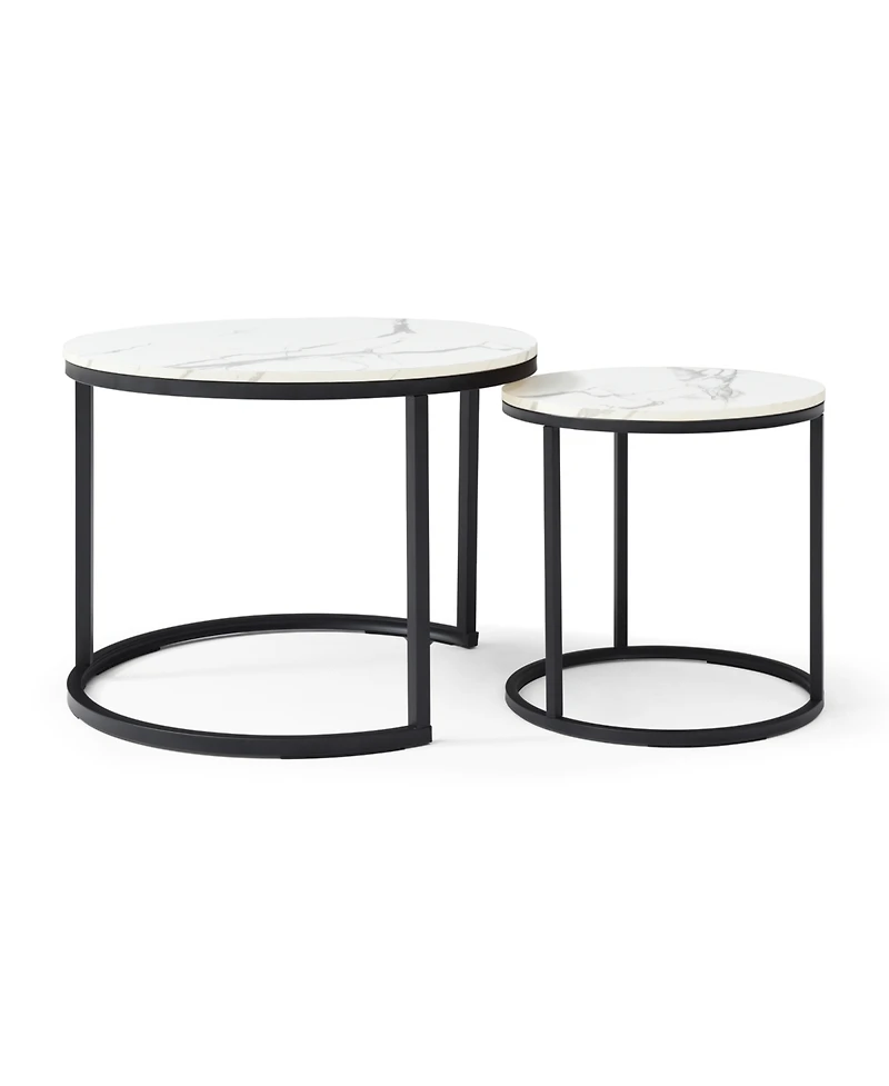 Streamdale Furniture Set of 2 White/Gray Marble Pattern Nesting Coffee Tables with Black Frame