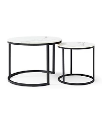 Streamdale Furniture Set of 2 White/Gray Marble Pattern Nesting Coffee Tables with Black Frame