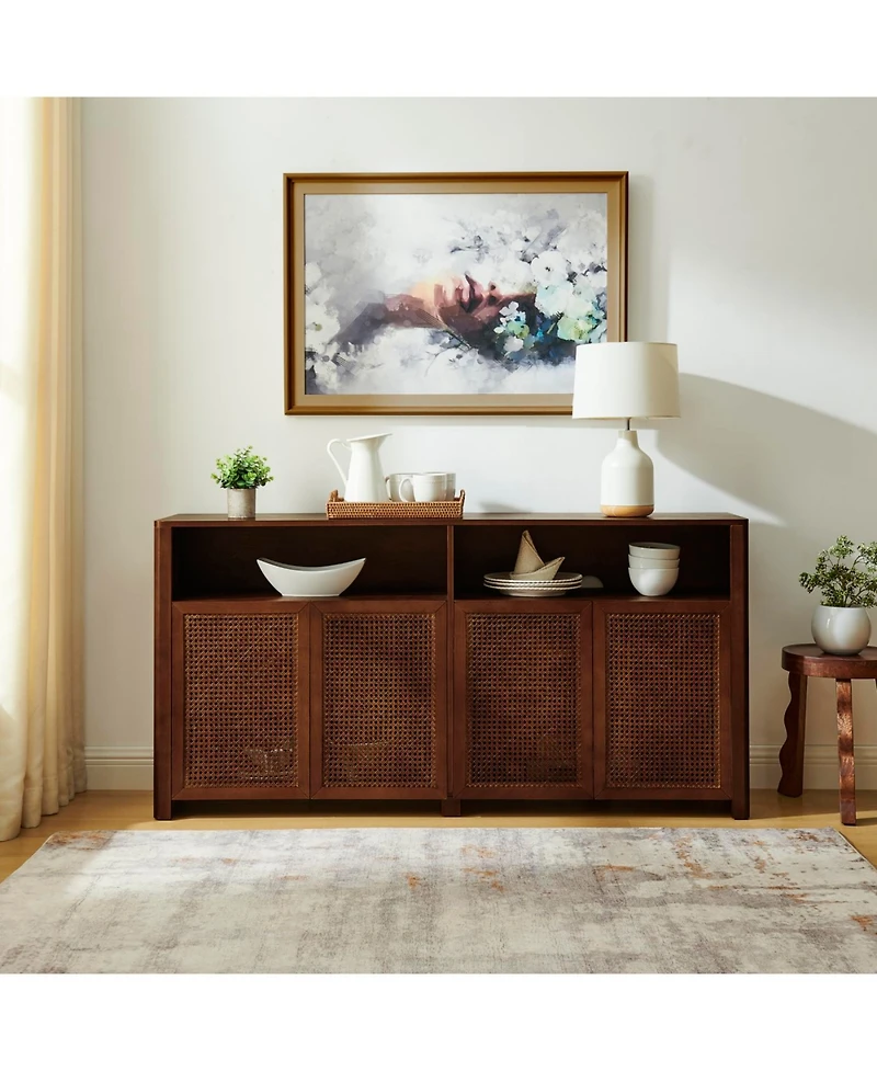 Streamdale Furniture 63" Mid Century Modern Rattan Sideboard Buffet Cabinet with Storage, Retro Coffee Bar Credenza