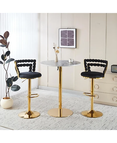 Streamdale Furniture Modern Gold Bar Table Set with 2 Adjustable Stools, Round Marble Pub Table