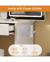 Streamdale Furniture Vanity Desk Set with Lighted Mirror, 4 Drawers, 9 Storage Spaces & Stool, White