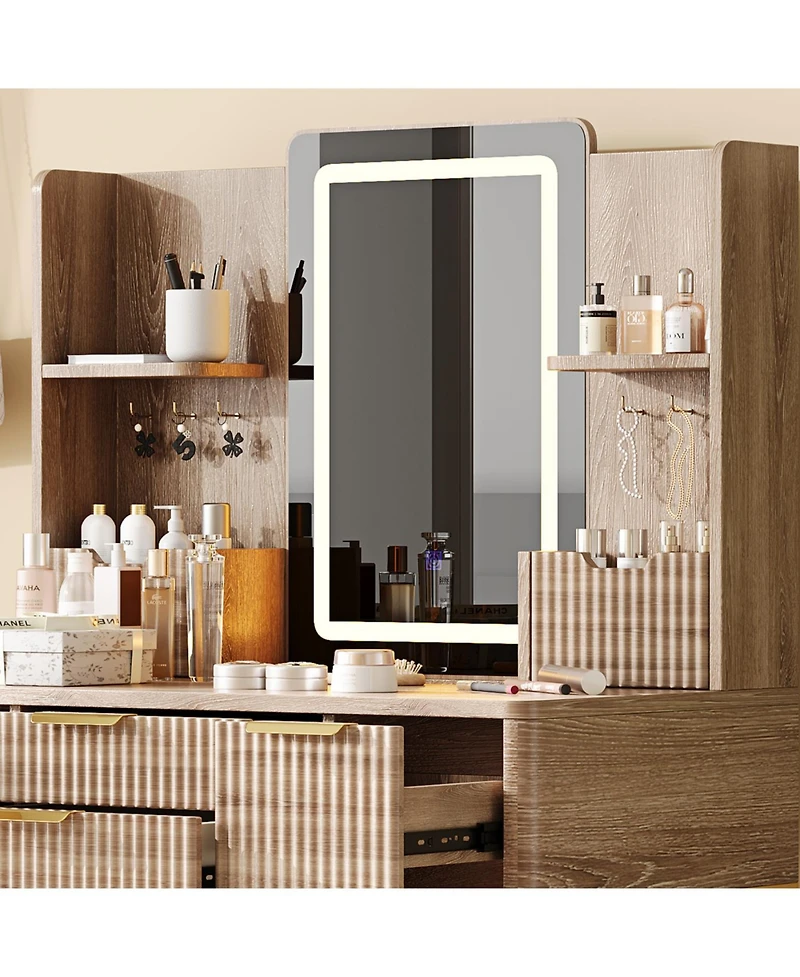 Streamdale Furniture Streamdale 4-Drawer Vanity Desk with Led Mirror & Carved Details, Makeup Table with Stool