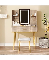 Streamdale Furniture Streamdale 4-Drawer Vanity Desk with Led Mirror & Carved Details, Makeup Table with Stool