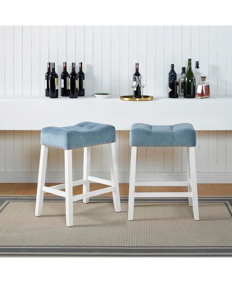 Streamdale Furniture Morovo Set of 2 Velvet Counter Height Stools, Tufted Saddle Seats, Blue