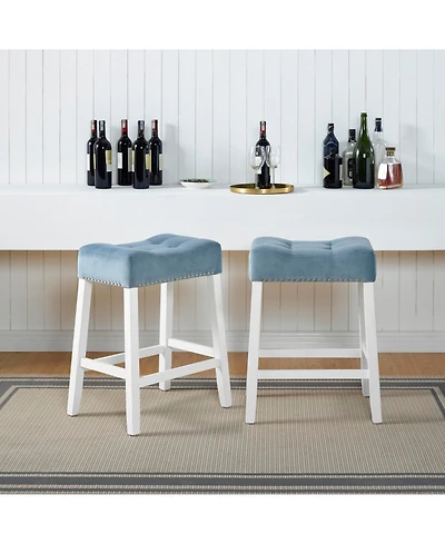 Streamdale Furniture Morovo Set of 2 Velvet Counter Height Stools, Tufted Saddle Seats, Blue