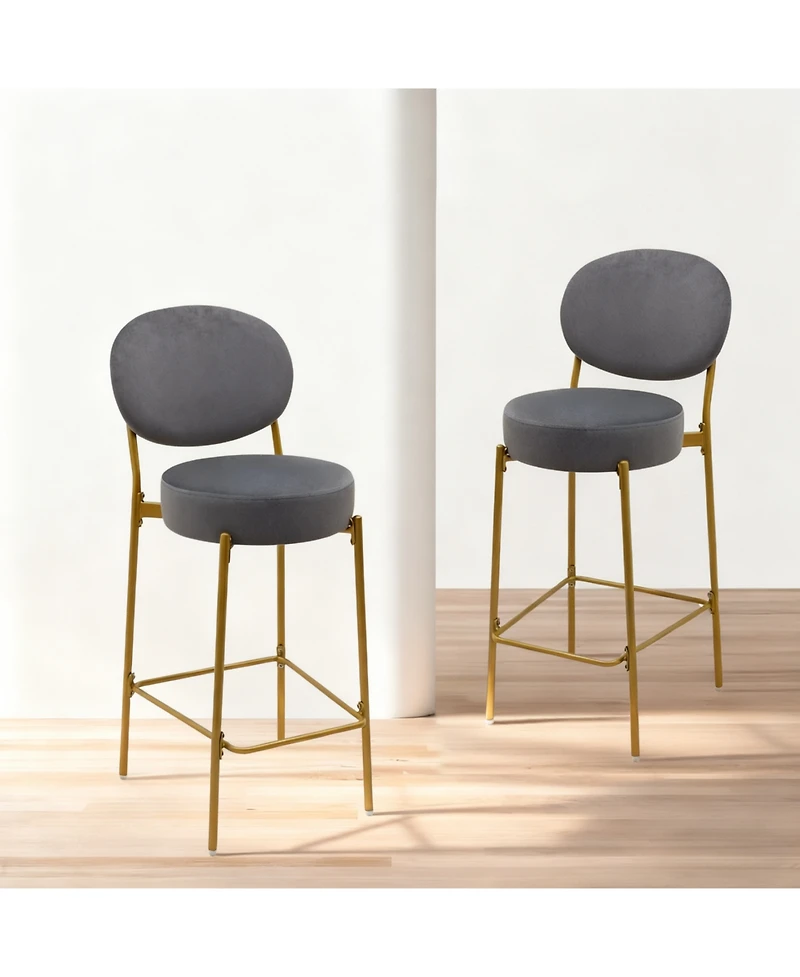 Streamdale Furniture Streamdale Set of 2 Gray Velvet Upholstered Bar Stools with Backrest & Footrest