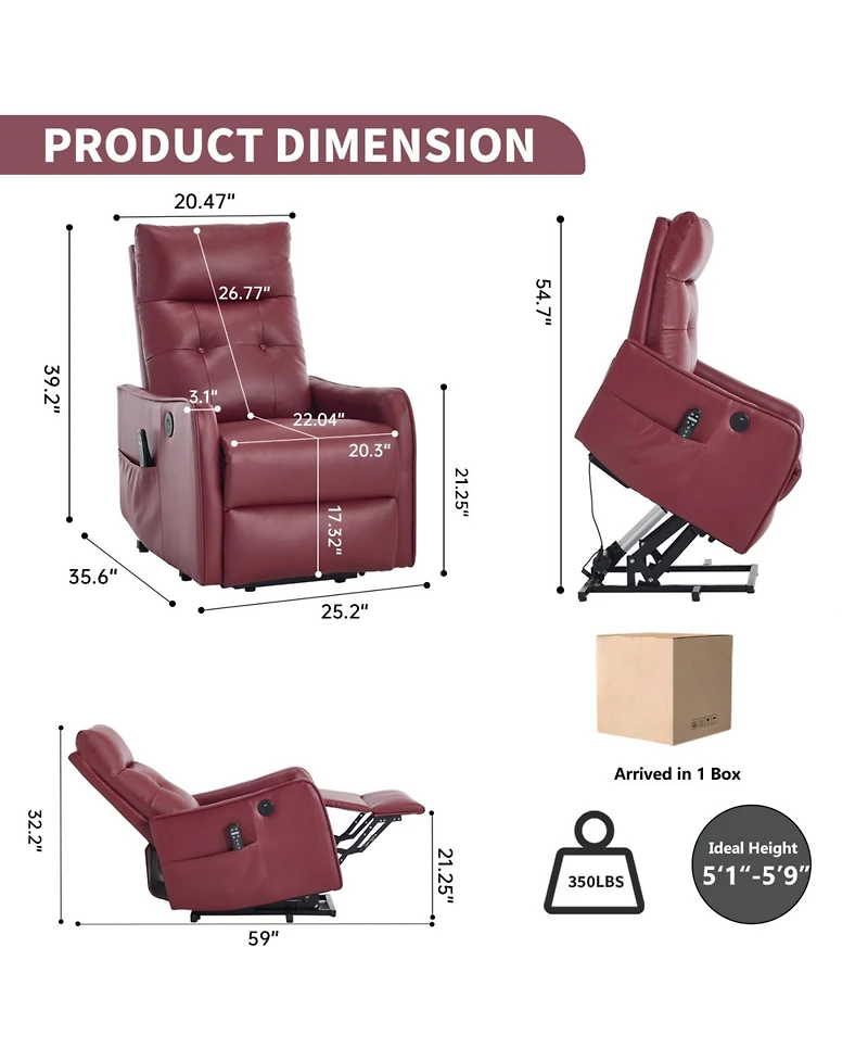 Streamdale Furniture Streamdale Wine Red Pu Power Lift Recliner Chair with Massage & Heat