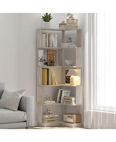 Streamdale 6 Tier L-Shaped Corner Bookshelf with Anti-Drop Panel & Tipping Device, Light Gray