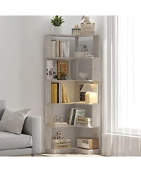 Streamdale 6 Tier L-Shaped Corner Bookshelf with Anti-Drop Panel & Tipping Device, Light Gray