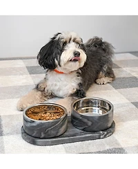 The Licker Store Marbre Small/Medium Modern Weighted Double Marble and Stainless Steel Bowl 12oz (1.5 Cups) Feeder with Non-Slip Tray Set