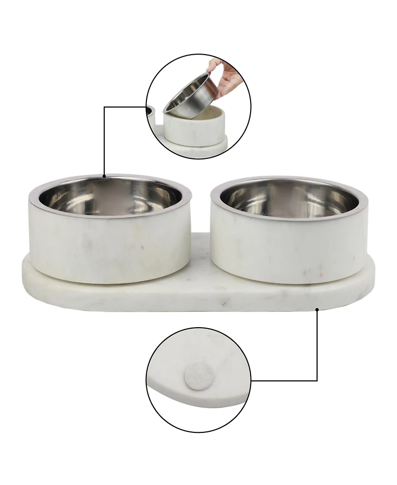 The Licker Store Marbre Small/Medium Modern Weighted Double Marble and Stainless Steel Bowl 12oz (1.5 Cups) Feeder with Non-Slip Tray Set