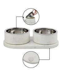 The Licker Store Marbre Small/Medium Modern Weighted Double Marble and Stainless Steel Bowl 12oz (1.5 Cups) Feeder with Non-Slip Tray Set