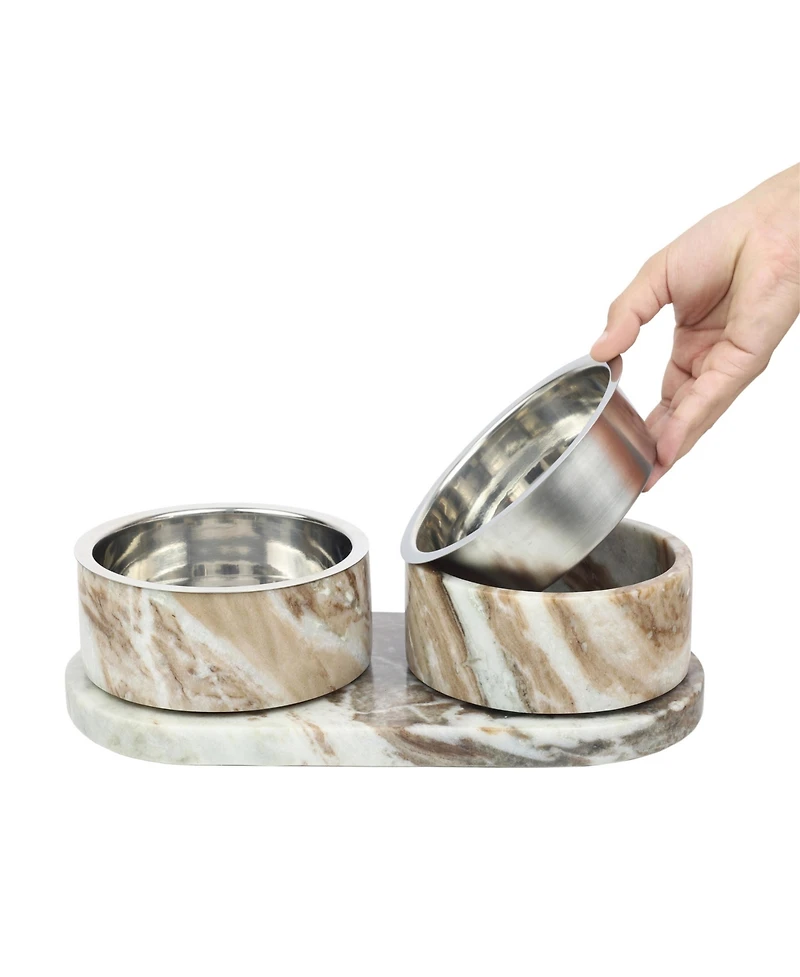 The Licker Store Marbre Small/Medium Modern Weighted Double Marble and Stainless Steel Bowl 12oz (1.5 Cups) Feeder with Non-Slip Tray Set