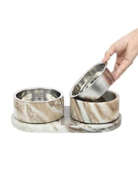 The Licker Store Marbre Small/Medium Modern Weighted Double Marble and Stainless Steel Bowl 12oz (1.5 Cups) Feeder with Non-Slip Tray Set