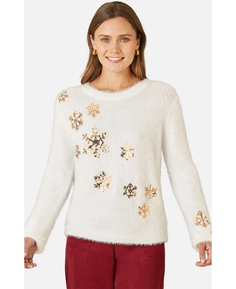 Yumi Women's Sequin Snowflake Fluffy Sweater