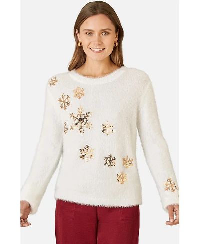 Yumi Women's Sequin Snowflake Fluffy Sweater