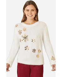 Yumi Women's Sequin Snowflake Fluffy Sweater