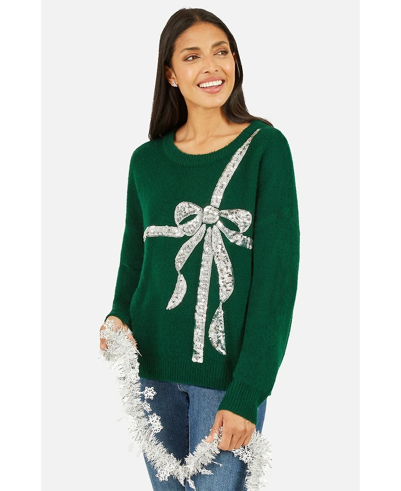 Yumi Women's Sequin Bow Knitted Sweater.