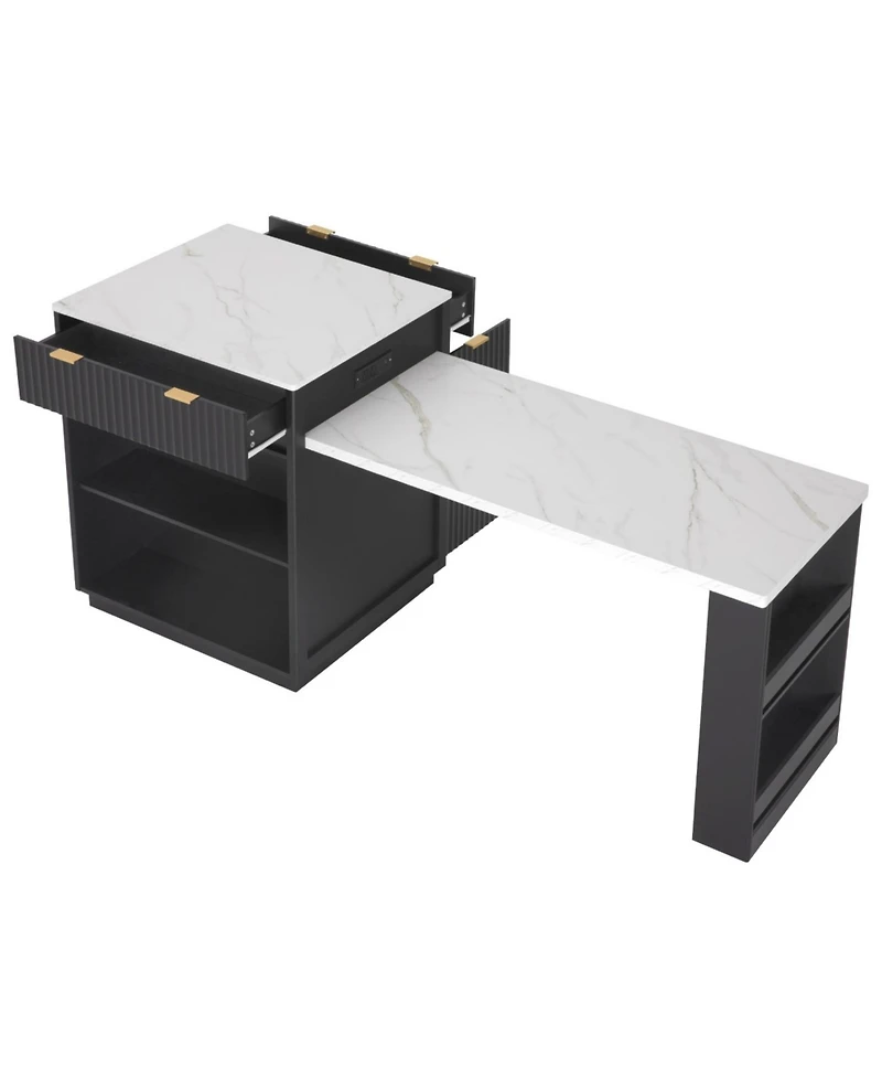 Streamdale Furniture Fluted Kitchen Island with Extendable Dining Table, Power Outlet & Storage