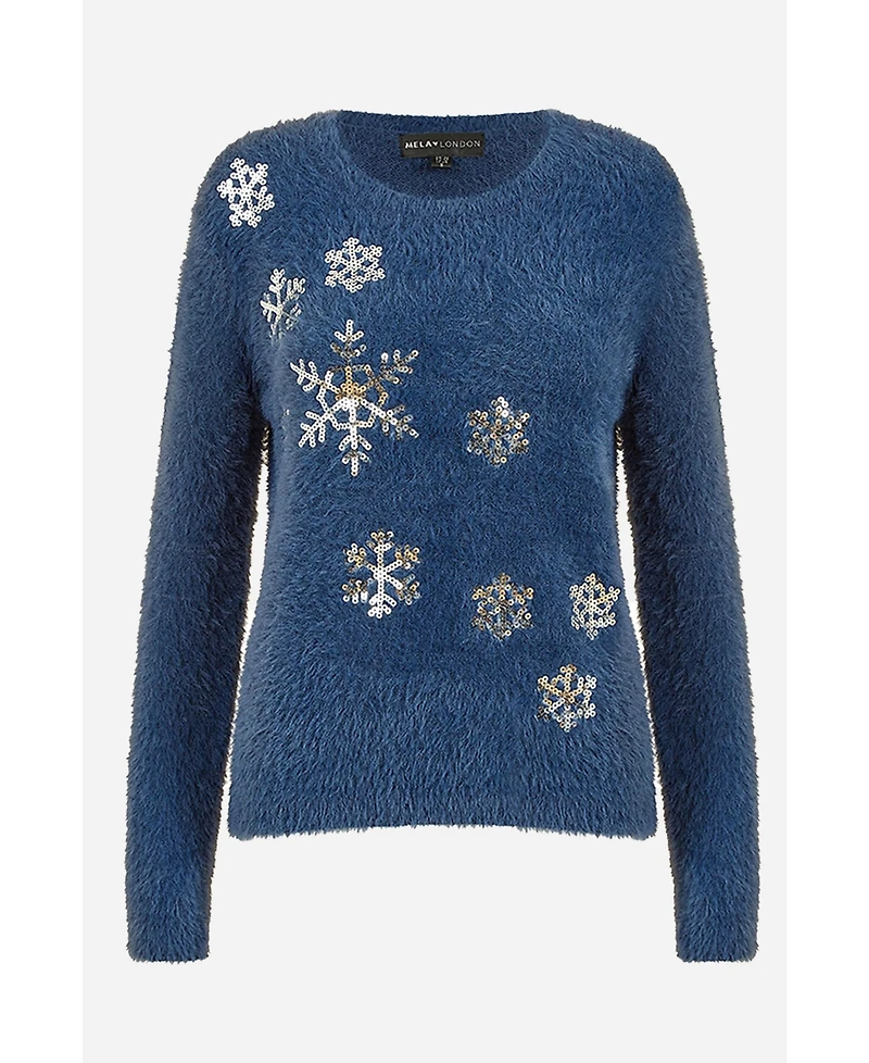 Yumi Women's Sequin Snowflake Fluffy Sweater
