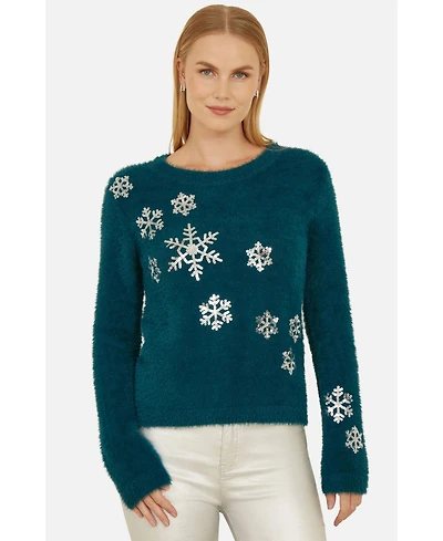 Yumi Women's Sequin Snowflake Fluffy Sweater