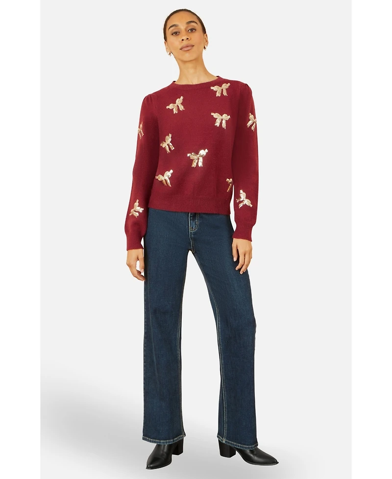 Yumi Women's Sequin Applique Bow Sweater