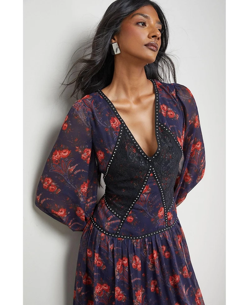 Warehouse Women's Plunge Neck Pleated Maxi Dress