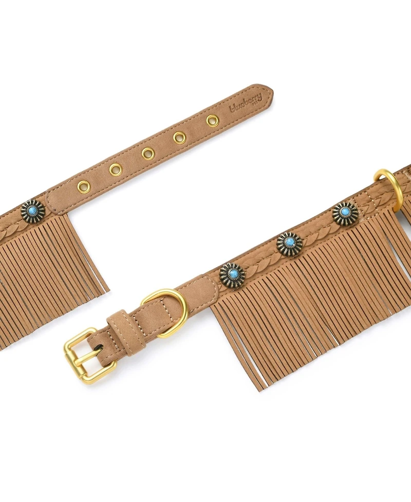 Blueberry Pet Silver-Powered Freshness Microfiber Suede Dog Collar Camel Tan – Fringed Style with Turquoise Studs