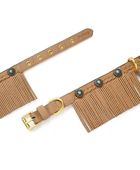 Blueberry Pet Silver-Powered Freshness Microfiber Suede Dog Collar Camel Tan – Fringed Style with Turquoise Studs