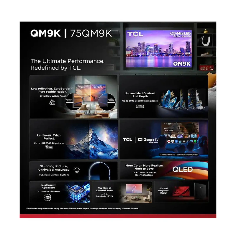 Tcl 75" 4K Uhd Qd Mini Led Qled Smart Google Tv 144Hz High Brightness Smart Tv