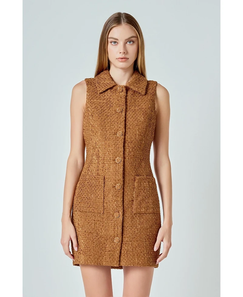 endless rose Women's Tweed Collared Mini Dress