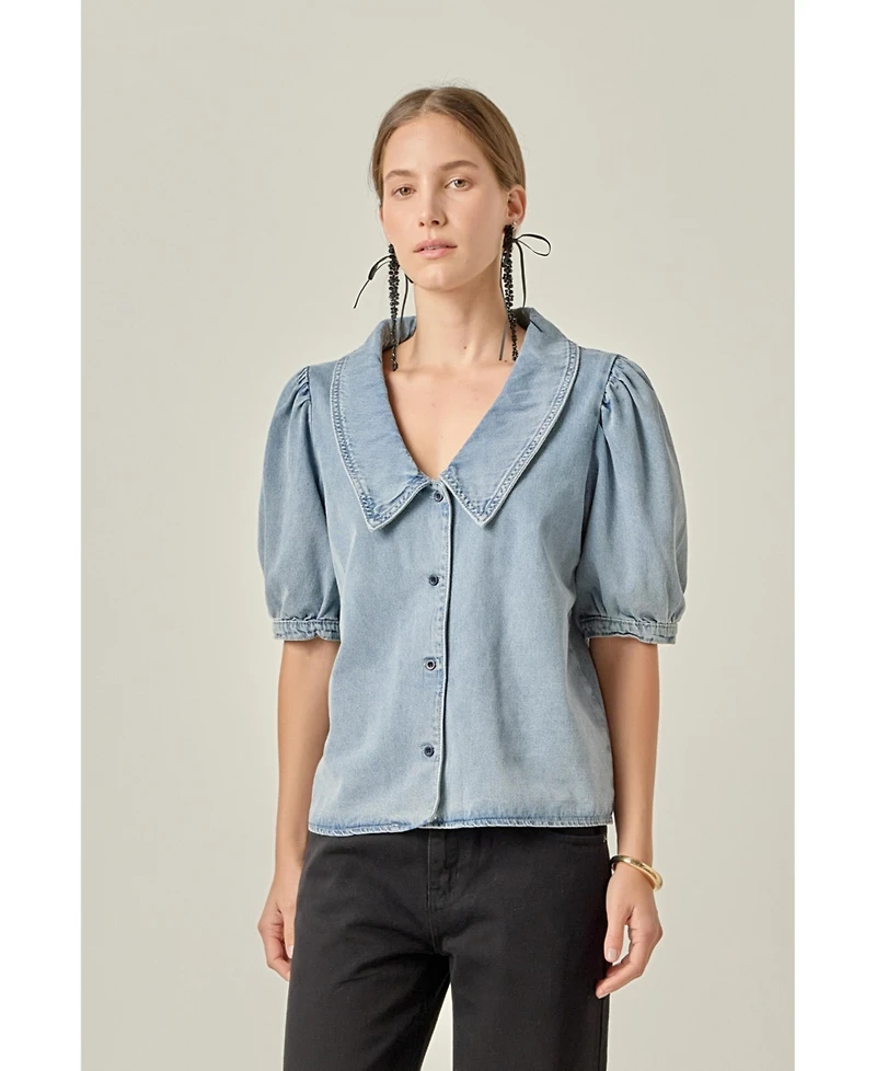 English Factory Women's Deep V-Neck Button Up Denim Shirt