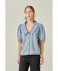 English Factory Women's Deep V-Neck Button Up Denim Shirt
