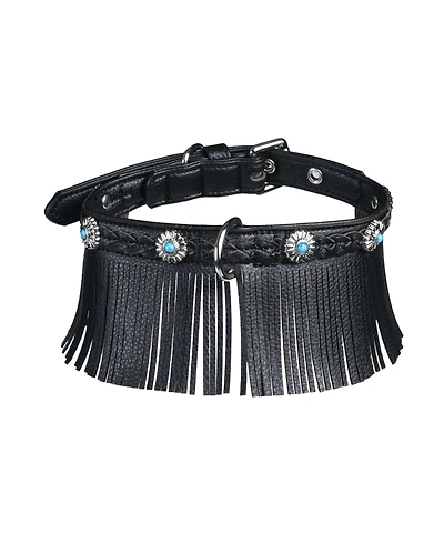 Blueberry Pet Silver-Powered Freshness Microfiber Suede Dog Collar in Midnight Black– Fringed Style with Turquoise Studs