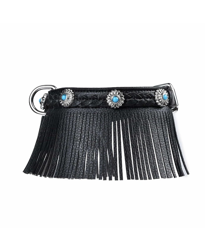 Blueberry Pet Silver-Powered Freshness Microfiber Suede Dog Collar in Midnight Black– Fringed Style with Turquoise Studs