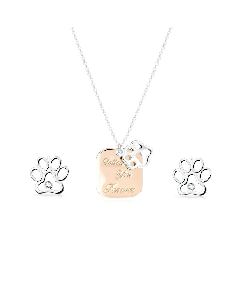 Bling Jewelry Two-Tone Paw Print Dog Tag Rose Gold Plated Pendant Necklace & Cz Accent Bff Stud Earrings Set Sterling Silver