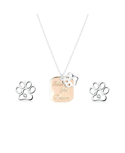 Bling Jewelry Two-Tone Paw Print Dog Tag Rose Gold Plated Pendant Necklace & Cz Accent Bff Stud Earrings Set Sterling Silver