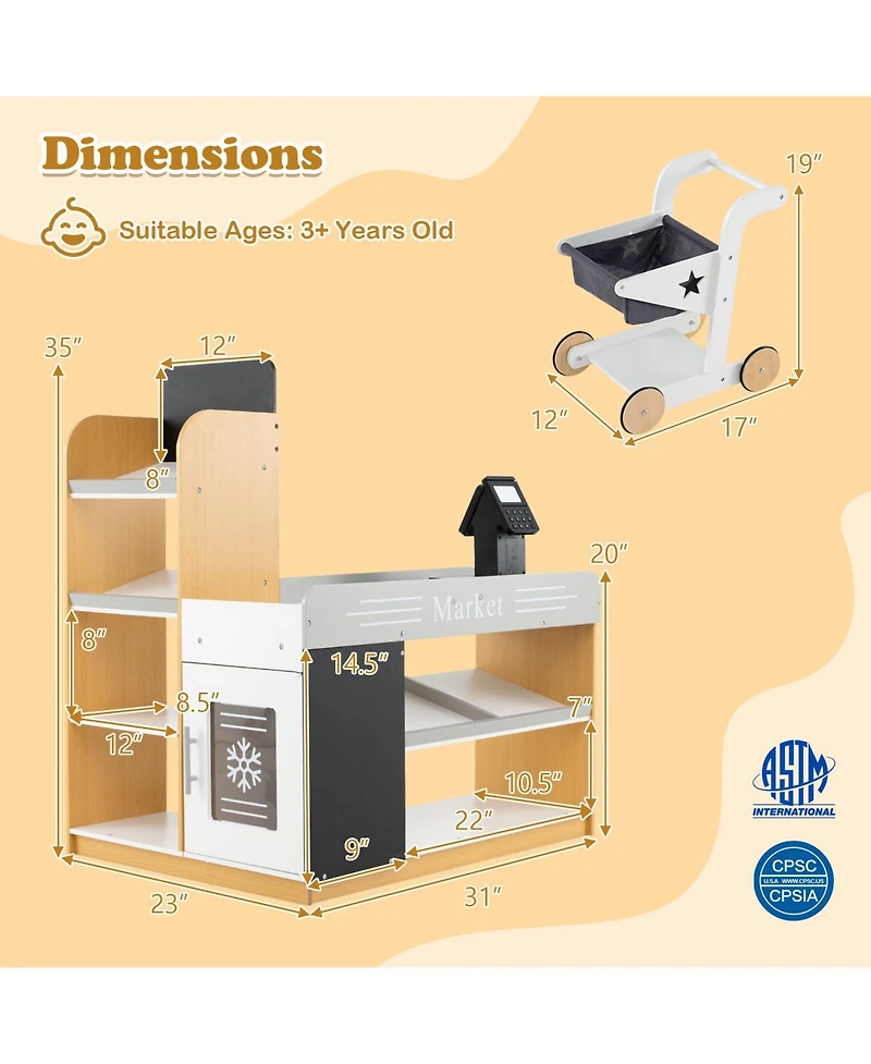 Skonyon Wooden Supermarket Playset with Checkout Counter & Shopping Cart