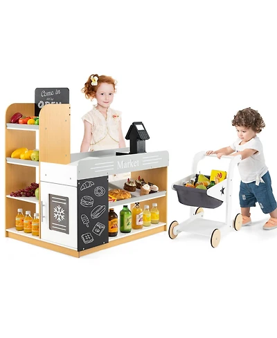 Skonyon Wooden Supermarket Playset with Checkout Counter & Shopping Cart