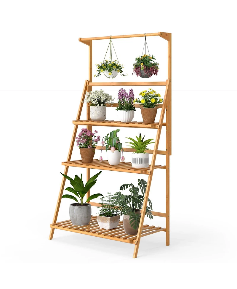 Sugift 3 Tier Bamboo Hanging Plant Stand with Height Adjustable Hanger Rod