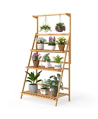 Sugift 3 Tier Bamboo Hanging Plant Stand with Height Adjustable Hanger Rod